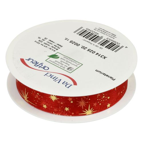 Floristik24 Fita de Natal, organza padrão estrela vermelha 25mm 25m