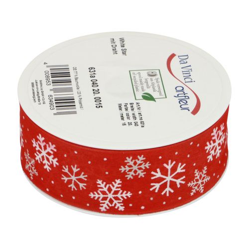 Floristik24 Fita de Natal com flocos de neve vermelhos, fita para presente 40mm 15m