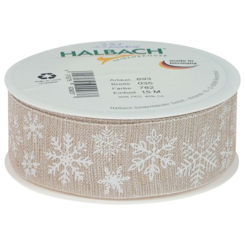 Floristik24 Fita de Natal floco de neve bege fita para presente 35mm 15m