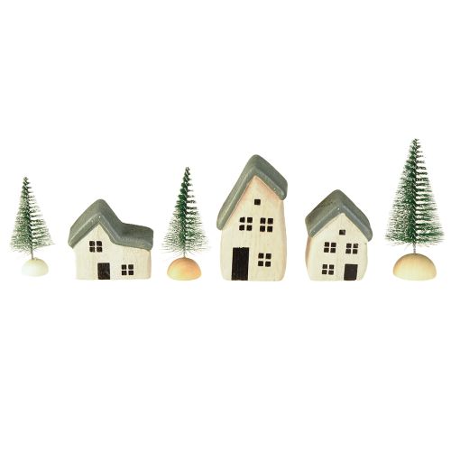 Vila de Natal casas de madeira abetos verde e branco 5-8 cm conjunto de 6