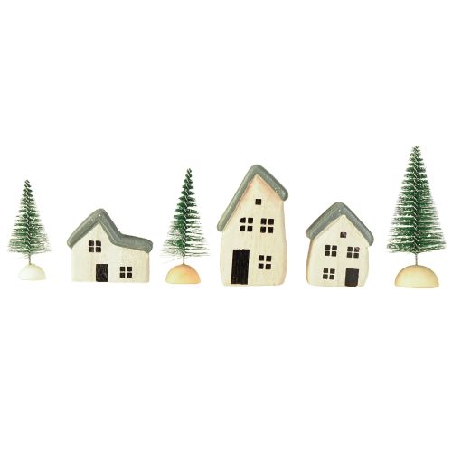 Itens Vila de Natal casas de madeira abetos verde e branco 5-8 cm conjunto de 6