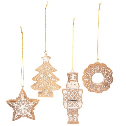 Enfeites de Natal, estilo biscoito de gengibre, com aparência de glacê, quebra-nozes, estrela, árvore, guirlanda, 6 cm, 4 peças