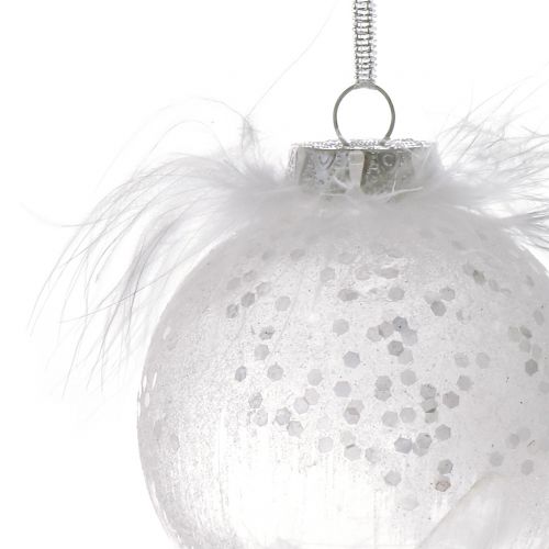 Floristik24 Bola de Natal com pena branca Ø7.5cm 6pcs