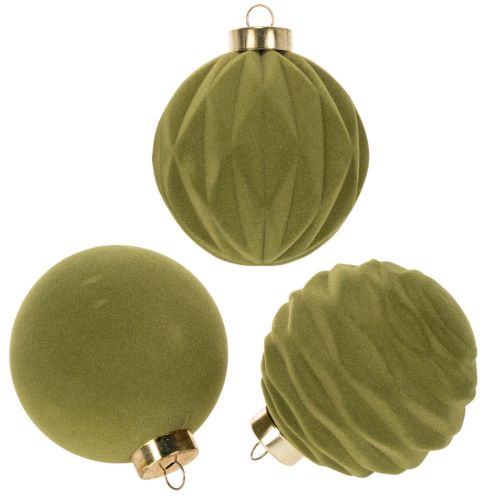 Bola de Natal com aparência aveludada, verde, textura variada, 8 cm, 12 unidades. Bola de Natal flocada verde musgo, bolas de plástico, flocadas na cor verde musgo. Cordões de algodão inclusos para cada bola.