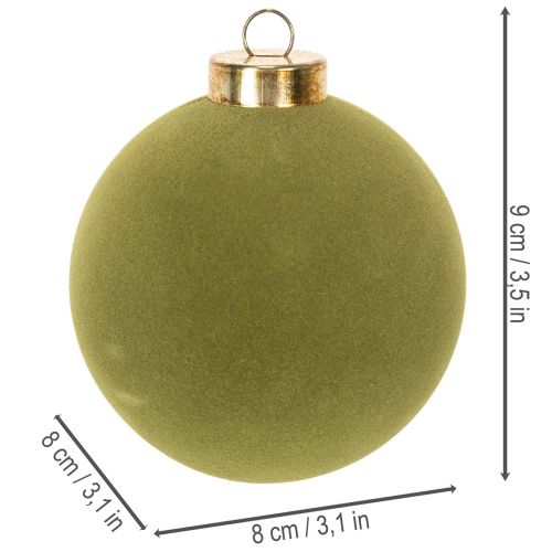 Bola de Natal com aparência aveludada, verde, textura variada, 8 cm, 12 unidades. Bola de Natal flocada verde musgo, bolas de plástico, flocadas na cor verde musgo. Cordões de algodão inclusos para cada bola. | Floristik24.pt