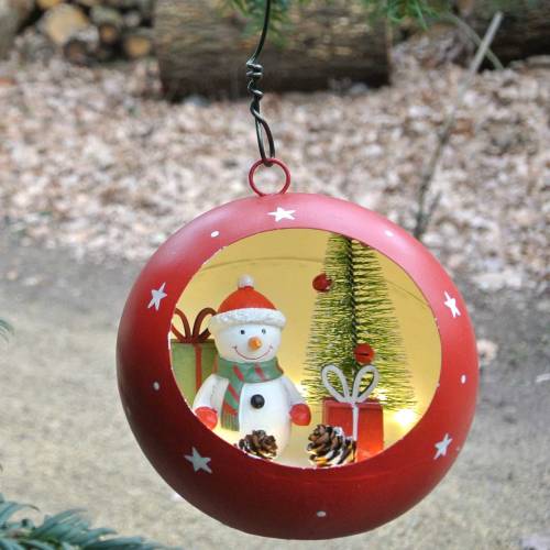 Floristik24 Bola de natal para pendurar boneco de neve e LED vermelho Ø14cm para pilhas