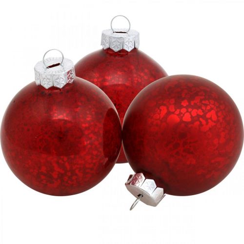 Floristik24 Bola de árvore de Natal, pingente de árvore, bola de Natal marmorizada vermelha Alt.6,5cm Ø6cm vidro verdadeiro 24 unid.