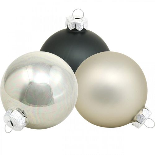 Floristik24 Bauble, enfeites de árvore de natal, bola de natal preta/prata/madre pérola H8.5cm Ø7.5cm vidro real 12 peças