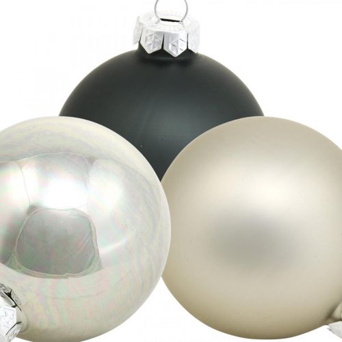 Floristik24 Bauble, enfeites de árvore de natal, bola de natal preta/prata/madre pérola H8.5cm Ø7.5cm vidro real 12 peças