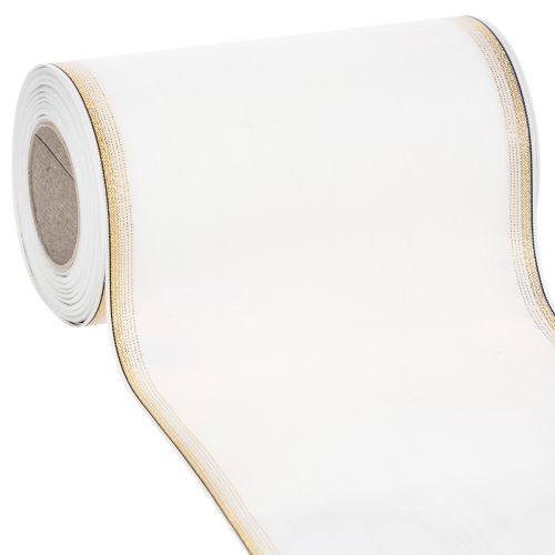 Floristik24 Fita branca moiré para guirlanda com borda de pérolas douradas, 175 mm - Fita elegante para decoração e arranjos florais.