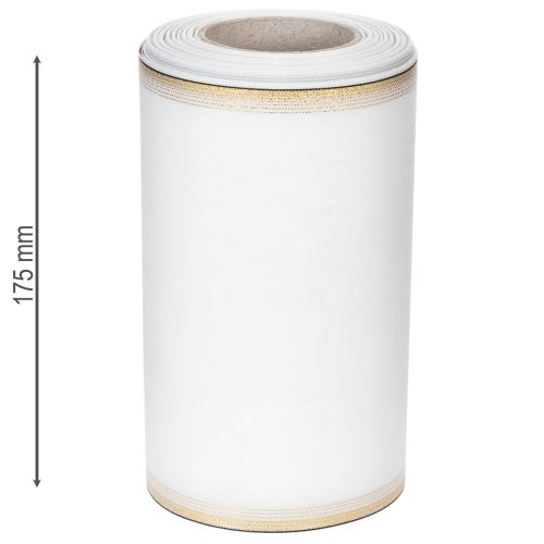 Itens Fita branca moiré para guirlanda com borda de pérolas douradas, 175 mm - Fita elegante para decoração e arranjos florais.