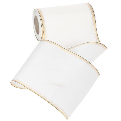 Itens Fita branca moiré para guirlanda com borda de pérolas douradas, 175 mm - Fita elegante para decoração e arranjos florais.