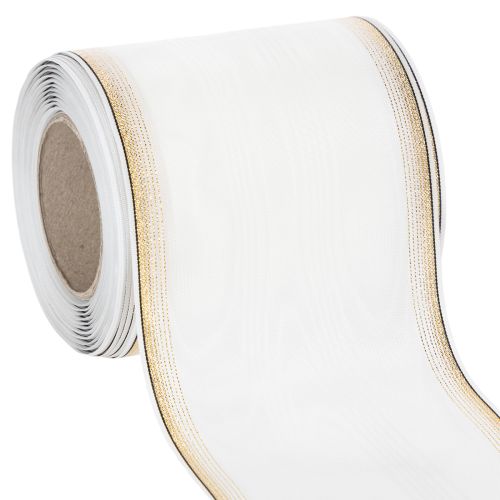 Floristik24 Fita decorativa branca em moiré com borda de pérolas e acabamento em tafetá, fita para coroa de flores, fita de luto, largura 100 mm, comprimento 25 m