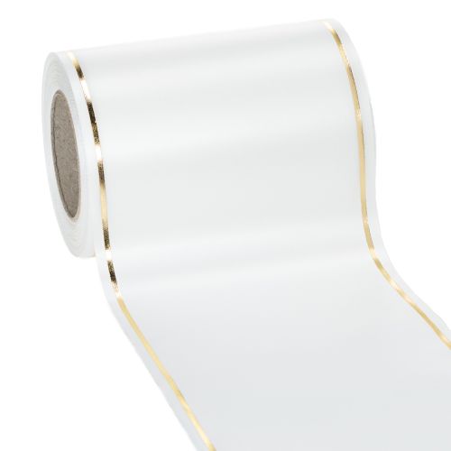 Floristik24 Fita de cetim branca com borda dourada para impressão digital, fita de cetim à prova d'água, 25 m x 125 mm