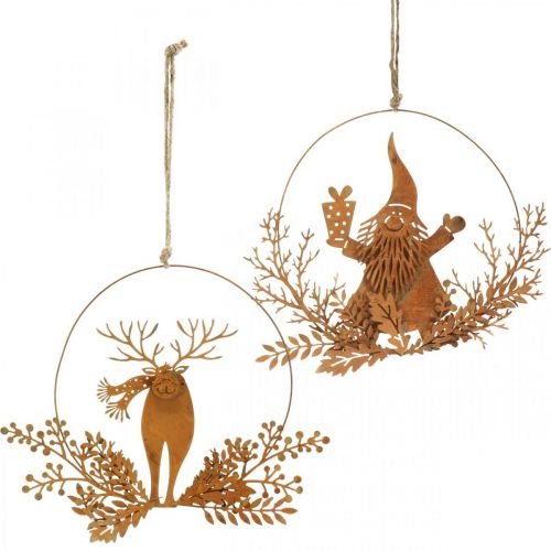 Floristik24 Anel decorativo para o Natal, rena na argola, Pai Natal com prenda, decoração em metal pátina Ø18cm conjunto de 2