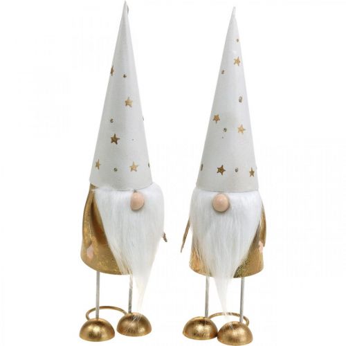 Floristik24 Figura de decoração de gnomo branco de Natal, ouro 6,5 cm H28 cm 2 unidades