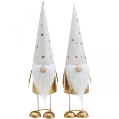 Floristik24 Figura de decoração de gnomo branco de Natal, ouro 6,5 cm H28 cm 2 unidades