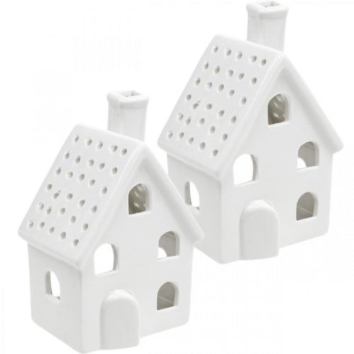 Floristik24 Casa de luz de vento casa de luz de cerâmica Advent branco H14cm 2 peças