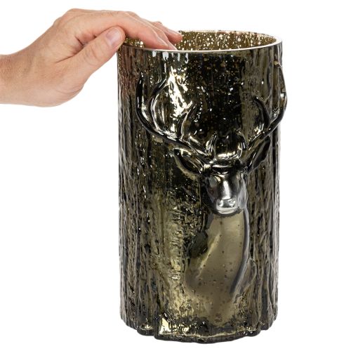 Porta-velas de vidro com relevos de cabeça de veado e árvore, decoração de inverno, 26 cm | Floristik24.pt