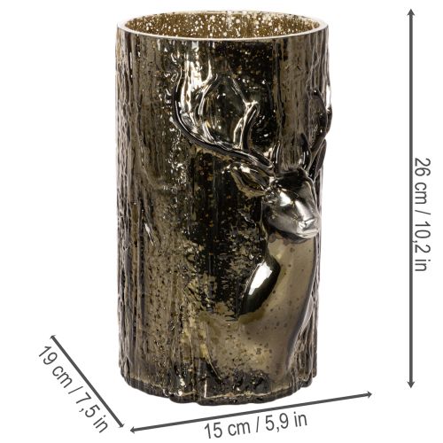 Porta-velas de vidro com relevos de cabeça de veado e árvore, decoração de inverno, 26 cm | Floristik24.pt