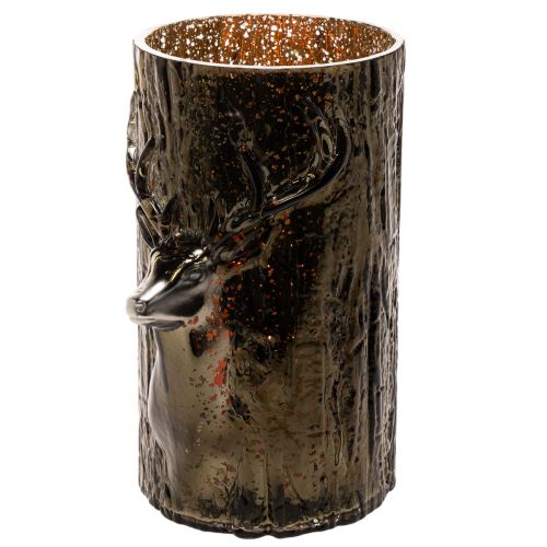 Porta-velas de vidro com relevos de cabeça de veado e árvore, decoração de inverno, 26 cm | Floristik24.pt