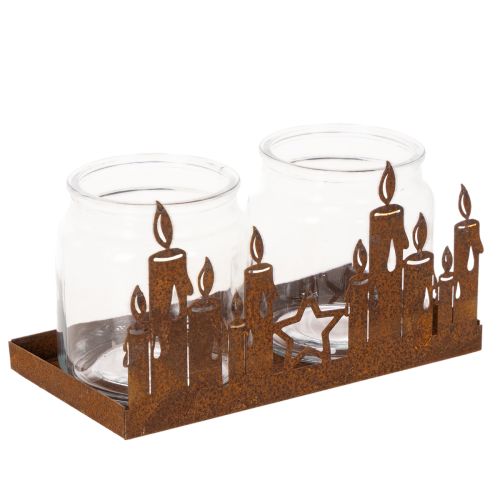 Lanterna de metal com interior de vidro, acabamento em metal oxidado, suporte decorativo para velas, 21,5 cm