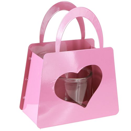 Bolsa de metal com lanterna e inserção de vidro coração rosa H26cm