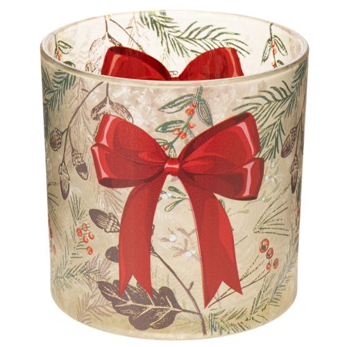 Castiçal de vidro para vela votiva com fita vermelha e ramos de inverno, 15 cm comprar | Floristik24.pt
