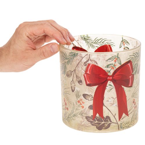 Castiçal de vidro para vela votiva com fita vermelha e ramos de inverno, 15 cm | Floristik24.pt