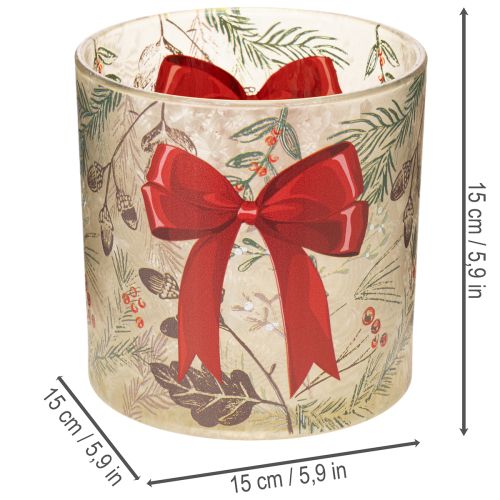 Castiçal de vidro para vela votiva com fita vermelha e ramos de inverno, 15 cm | Floristik24.pt