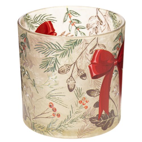 Castiçal de vidro para vela votiva com fita vermelha e ramos de inverno, 15 cm | Floristik24.pt