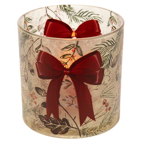Castiçal de vidro para vela votiva com fita vermelha e ramos de inverno, 15 cm | Floristik24.pt