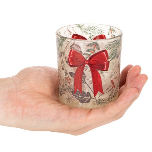 Castiçal de vidro para vela votiva com ramos de Natal e fita vermelha, 8 cm, 2 peças | Floristik24.pt