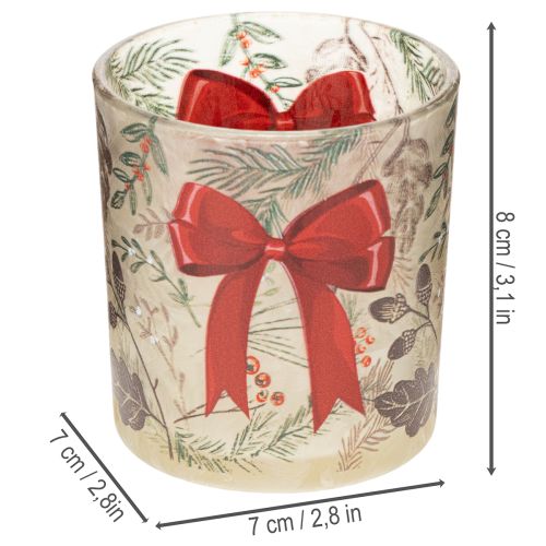 Castiçal de vidro para vela votiva com ramos de Natal e fita vermelha, 8 cm, 2 peças | Floristik24.pt