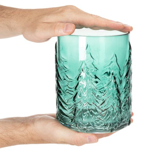 Porta-velas de vidro com pinheiros em relevo, decoração natalina, 16 cm | Floristik24.pt