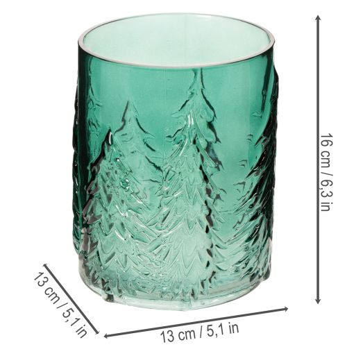 Porta-velas de vidro com pinheiros em relevo, decoração natalina, 16 cm | Floristik24.pt