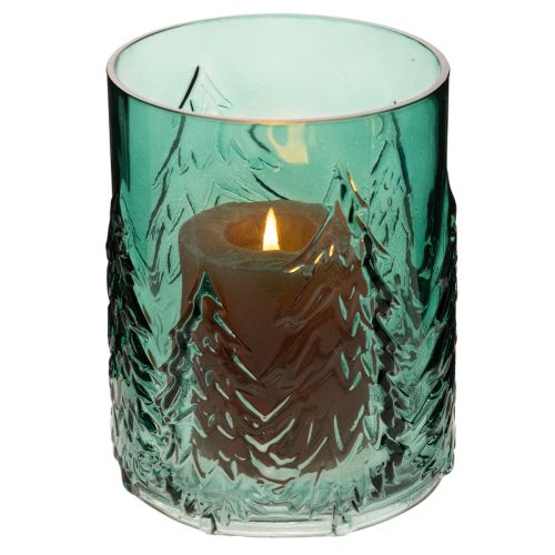 Porta-velas de vidro com pinheiros em relevo, decoração natalina, 16 cm | Floristik24.pt