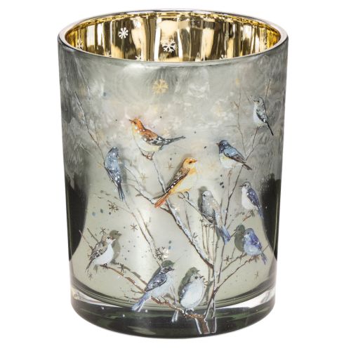 Castiçal com pássaros, design de inverno, acabamento brilhante, 12 cm