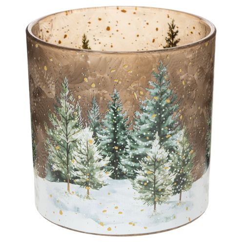 Porta-velas de vidro com desenho de floresta de pinheiros, decoração de inverno, 15 cm
