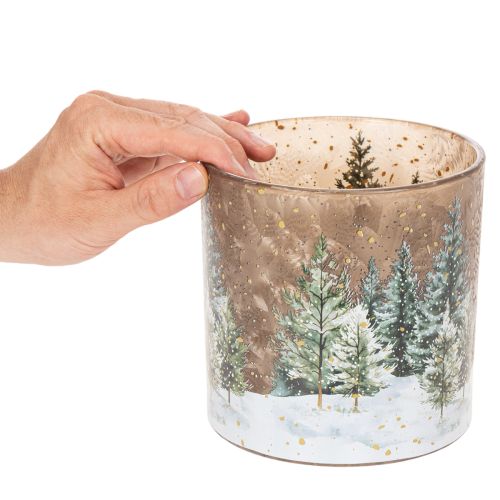Porta-velas de vidro com desenho de floresta de pinheiros, decoração de inverno, 15 cm | Floristik24.pt