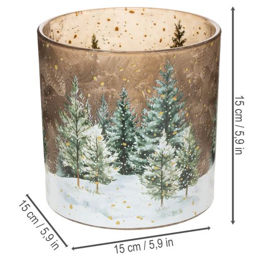 Porta-velas de vidro com desenho de floresta de pinheiros, decoração de inverno, 15 cm | Floristik24.pt