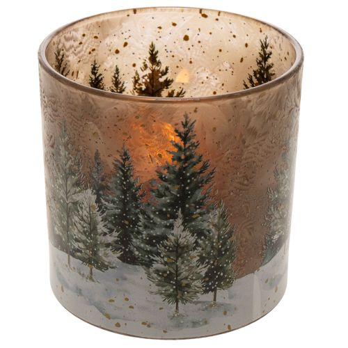 Porta-velas de vidro com desenho de floresta de pinheiros, decoração de inverno, 15 cm | Floristik24.pt