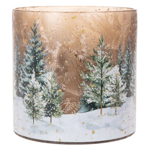 Porta-velas de vidro com tema de floresta de inverno na neve, decoração natalina, 20 cm | Floristik24.pt