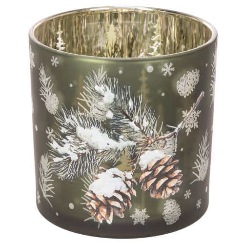 Porta-velas de vidro com pinhas e flocos de neve, 15 cm