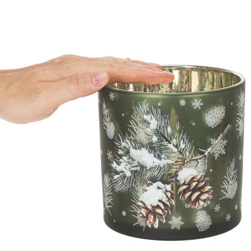 Porta-velas de vidro com pinhas e flocos de neve, 15 cm | Floristik24.pt