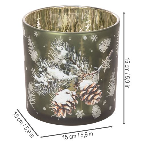 Porta-velas de vidro com pinhas e flocos de neve, 15 cm | Floristik24.pt