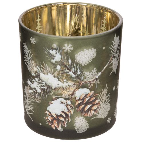 Porta-velas de vidro com galho de pinheiro de inverno, 8 cm, 2 peças
