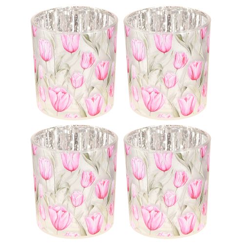 Itens Lanterna decorativa de vidro com design de tulipa para decoração de primavera, 8 cm, conjunto de 4 peças.