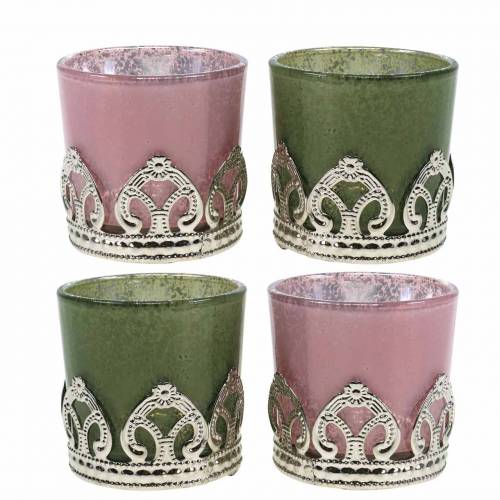 Lanterna de vidro com decoração de metal verde lilás Ø5,5 cm H5,5 cm 4 unidades
