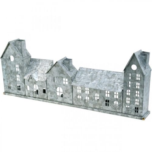 Fileira de casas, decoração metálica para iluminação, decoração de Advento, lanterna prateada L52cm A20cm | Floristik24.pt